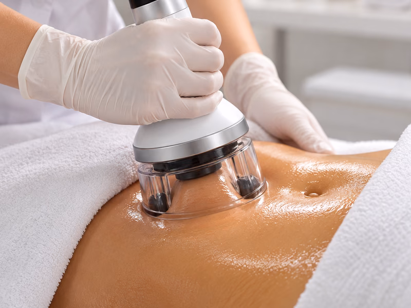 A vacuum bipolar radiofrequency handpiece being used on a client’s abdomen